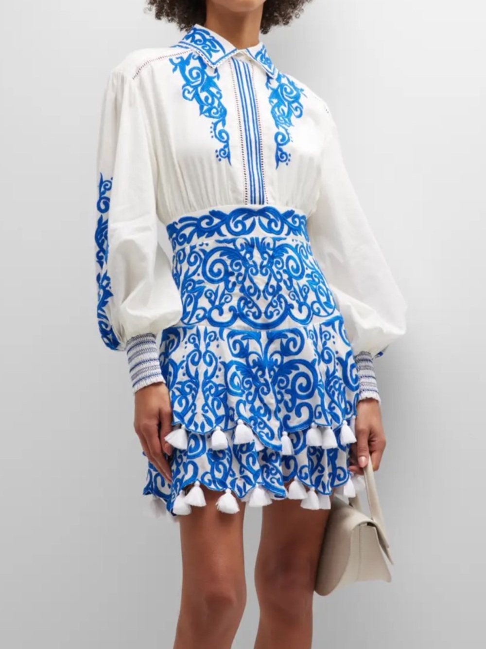 Alice and Olivia White & Blue Embroidered Mini Dress with tassels